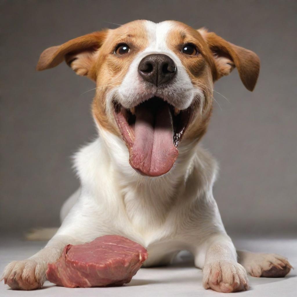 A realistic depiction of a natural, healthy dog joyfully consuming a piece of meat.