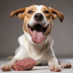 A realistic depiction of a natural, healthy dog joyfully consuming a piece of meat.