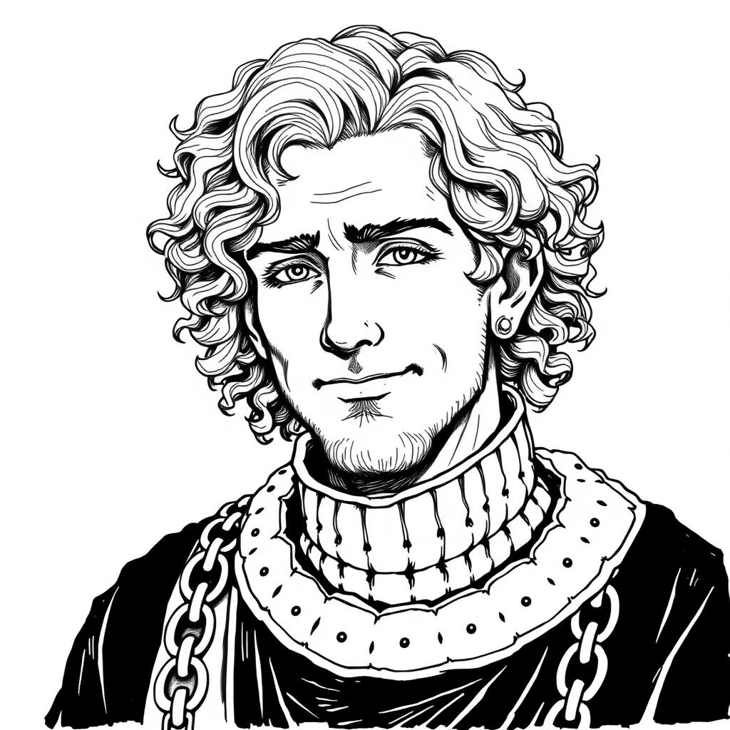 black and white ink illustration of a hobbit cleric headshot