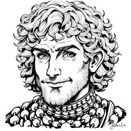 black and white ink illustration of a hobbit cleric headshot