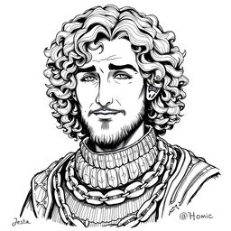 black and white ink illustration of a hobbit cleric headshot