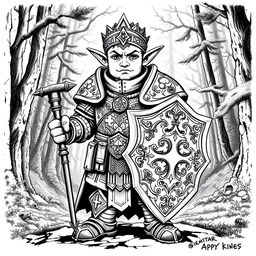 Greyscale ink illustration of a halfling cleric wearing ornate armor, with intricate engravings and religious symbols