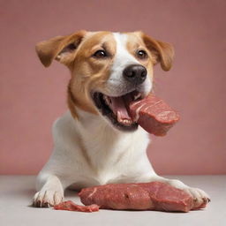 A realistic depiction of a natural, healthy dog joyfully consuming a piece of meat.