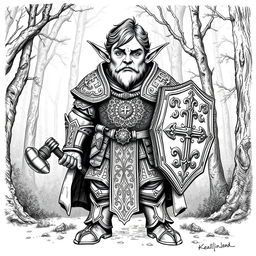 Greyscale ink illustration of a halfling cleric wearing ornate armor, with intricate engravings and religious symbols