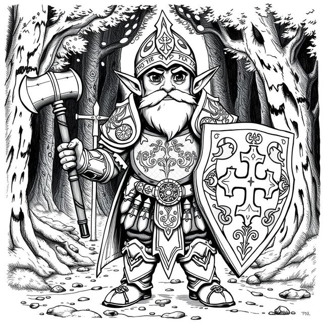 Greyscale ink illustration of a halfling cleric wearing ornate armor, with intricate engravings and religious symbols