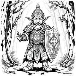 Greyscale ink illustration of a halfling cleric wearing ornate armor, with intricate engravings and religious symbols