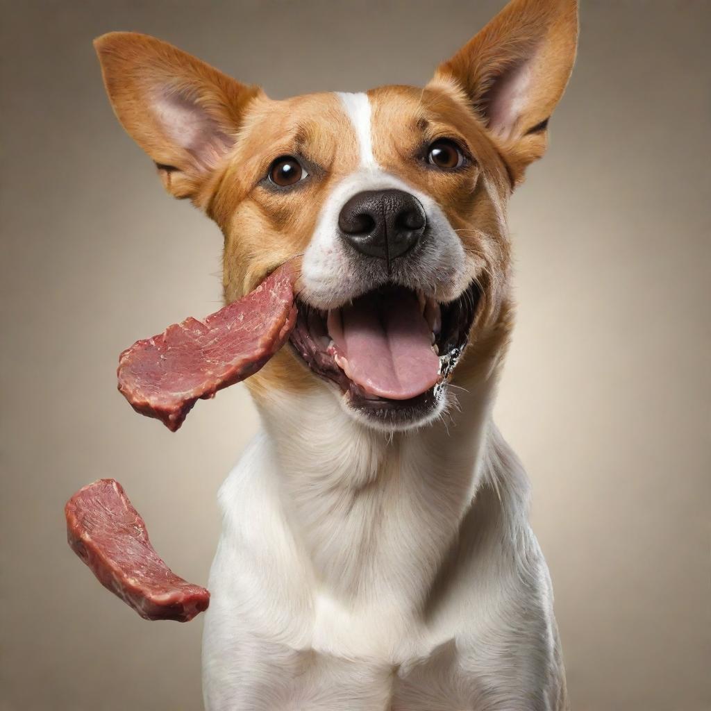 A realistic depiction of a natural, healthy dog joyfully consuming a piece of meat.