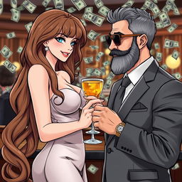 A manga style full-body distant depiction of a stunning, slender 25-year-old woman holding a cocktail