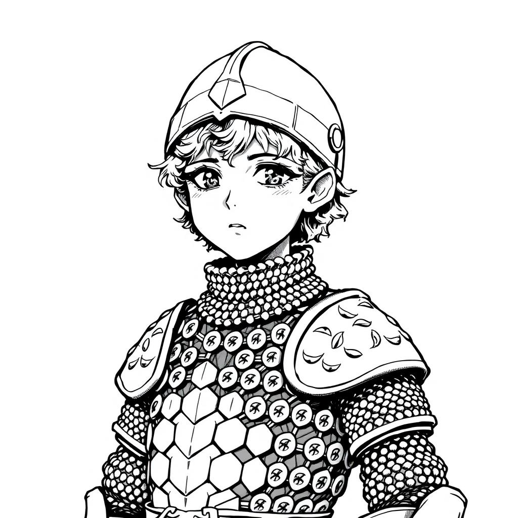 Greyscale ink illustration of a halfling cleric, depicted from the shoulders up in anime style