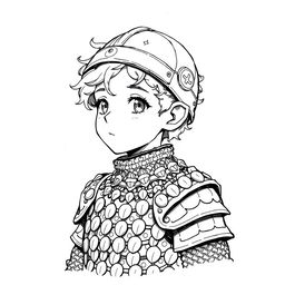 Greyscale ink illustration of a halfling cleric, depicted from the shoulders up in anime style