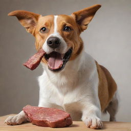 A realistic depiction of a natural, healthy dog joyfully consuming a piece of meat.