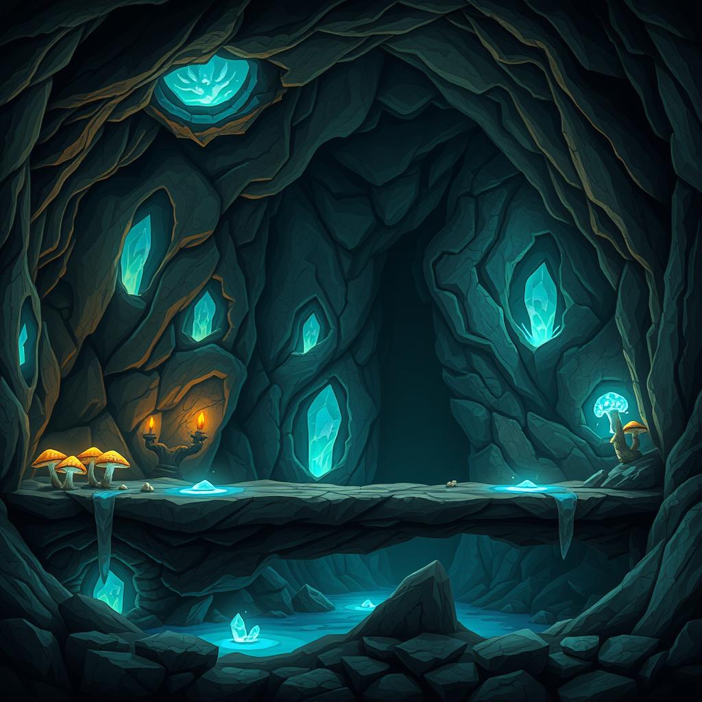 A captivating and mysterious cave setting designed for a platformer game