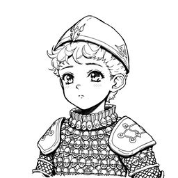 Greyscale ink illustration of a halfling cleric, depicted from the shoulders up in anime style