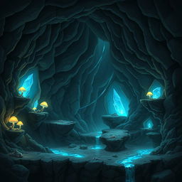 A captivating and mysterious cave setting designed for a platformer game