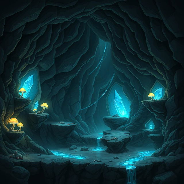 A captivating and mysterious cave setting designed for a platformer game