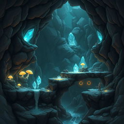 A captivating and mysterious cave setting designed for a platformer game