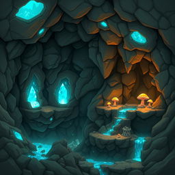 A captivating and mysterious cave setting designed for a platformer game