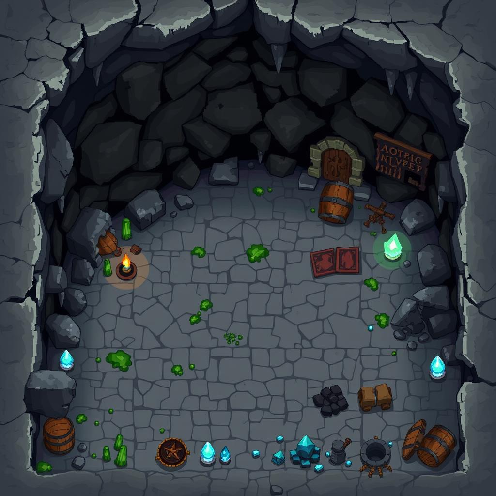 A set of pixel art sprites and tiles for a cave environment in a 2D game