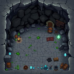 A set of pixel art sprites and tiles for a cave environment in a 2D game