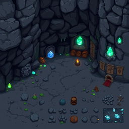 A set of pixel art sprites and tiles for a cave environment in a 2D game