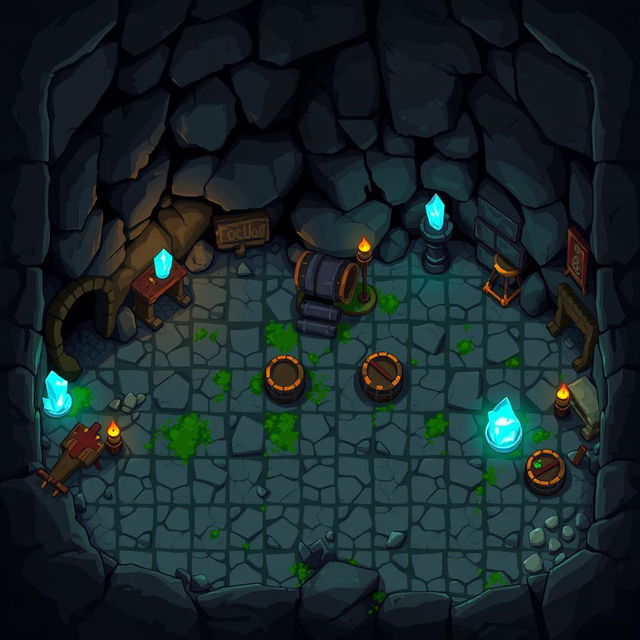 A set of pixel art sprites and tiles for a cave environment in a 2D game