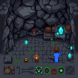 A set of pixel art sprites and tiles for a cave environment in a 2D game