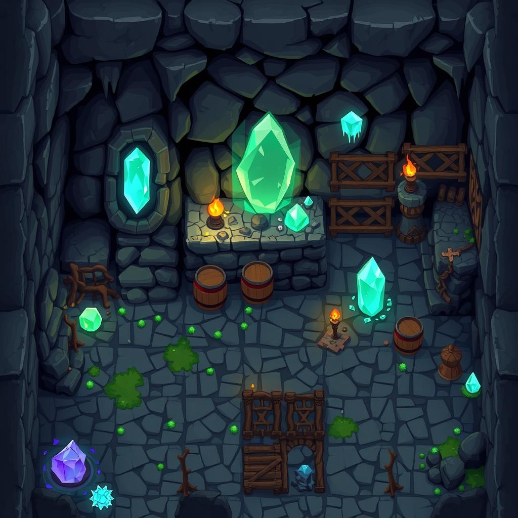 A set of pixel art sprites and tiles for a cave environment intended for a 3D game with a top-down perspective