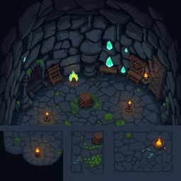 A set of pixel art sprites and tiles for a cave environment intended for a 3D game with a top-down perspective