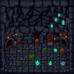 A set of pixel art sprites and tiles for a cave environment intended for a 3D game with a top-down perspective