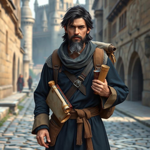 A 25-year-old human male with dark brown hair streaked with a few locks of white, featuring a stubbled beard