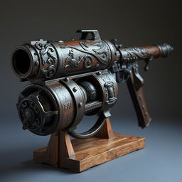 A medieval-themed grenade launcher, intricately designed with elements typical of the era