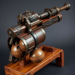 A medieval-themed grenade launcher, intricately designed with elements typical of the era