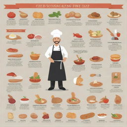 An engaging infographic filled with illustrations relating to a chef's profession - their tools, skills, ingredients, recipes, and types of cuisine they specialize in.