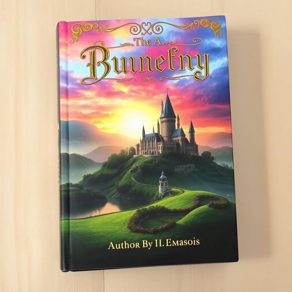 A captivating book cover, featuring an enchanting landscape with a mysterious castle in the background, surrounded by lush, green hills and a serene lake