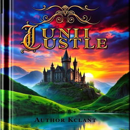 A captivating book cover, featuring an enchanting landscape with a mysterious castle in the background, surrounded by lush, green hills and a serene lake