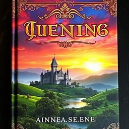 A captivating book cover, featuring an enchanting landscape with a mysterious castle in the background, surrounded by lush, green hills and a serene lake