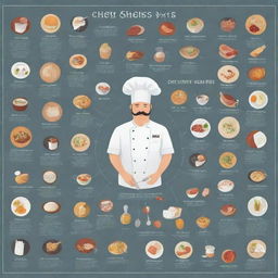 An engaging infographic filled with illustrations relating to a chef's profession - their tools, skills, ingredients, recipes, and types of cuisine they specialize in.