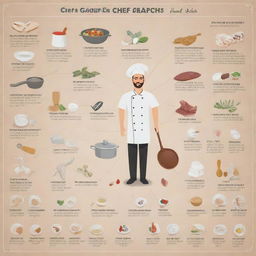 An engaging infographic filled with illustrations relating to a chef's profession - their tools, skills, ingredients, recipes, and types of cuisine they specialize in.