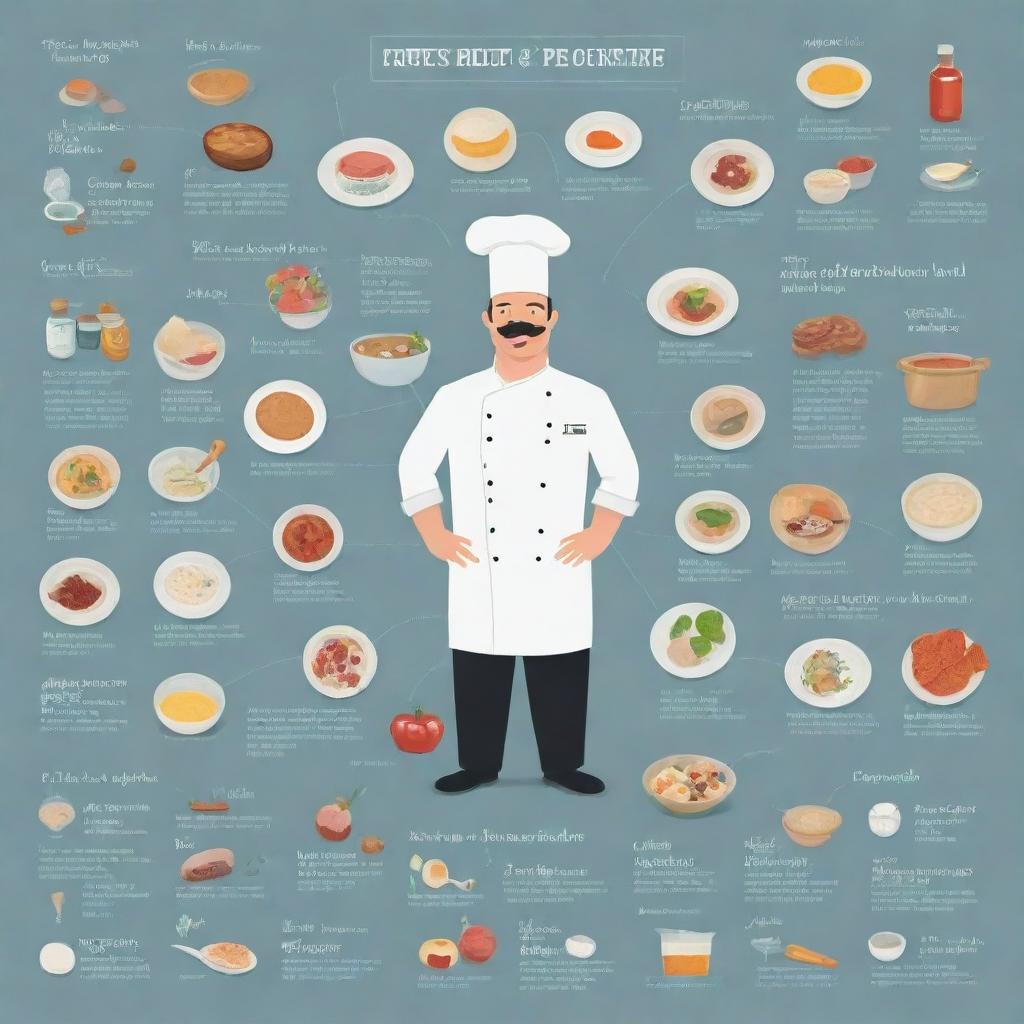 An engaging infographic filled with illustrations relating to a chef's profession - their tools, skills, ingredients, recipes, and types of cuisine they specialize in.