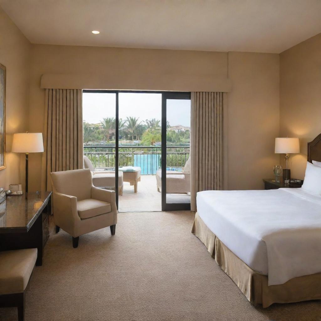 A standard room in a luxurious resort, with a king-sized bed, plush curtains, a comfortable chair, and a balcony overlooking the sparkling resort pool.