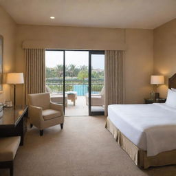 A standard room in a luxurious resort, with a king-sized bed, plush curtains, a comfortable chair, and a balcony overlooking the sparkling resort pool.