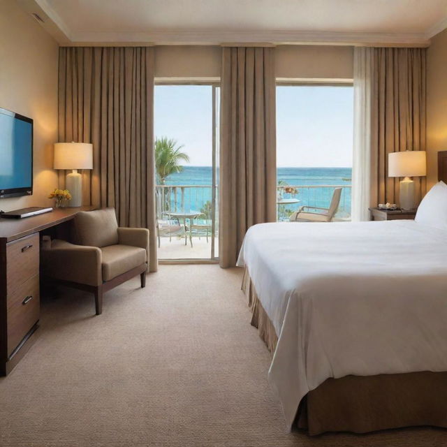 A standard room in a luxurious resort, with a king-sized bed, plush curtains, a comfortable chair, and a balcony overlooking the sparkling resort pool.