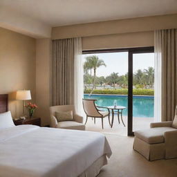 A standard room in a luxurious resort, with a king-sized bed, plush curtains, a comfortable chair, and a balcony overlooking the sparkling resort pool.