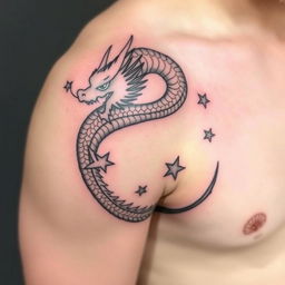 A shoulder tattoo design featuring a traditional dragon wrapped elegantly around the shoulder, symbolizing strength and resilience