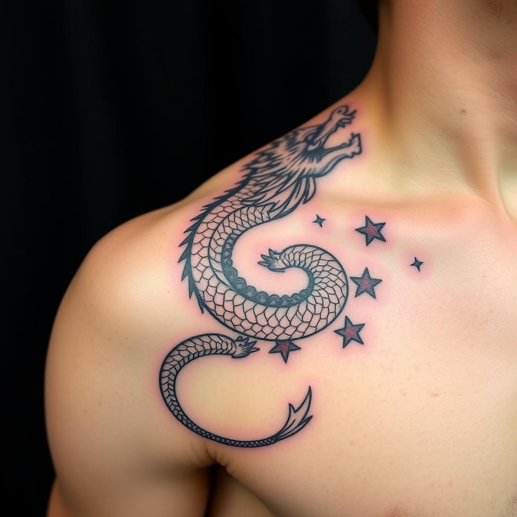 A shoulder tattoo design featuring a traditional dragon wrapped elegantly around the shoulder, symbolizing strength and resilience