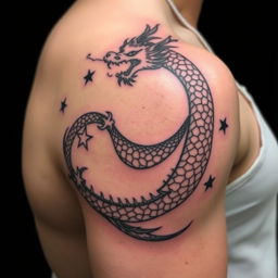 A shoulder tattoo design featuring a traditional dragon wrapped elegantly around the shoulder, symbolizing strength and resilience