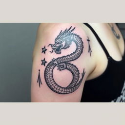 A shoulder tattoo design featuring a traditional dragon wrapped elegantly around the shoulder, symbolizing strength and resilience