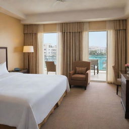 A standard room in a luxurious resort, with a king-sized bed, plush curtains, a comfortable chair, and a balcony overlooking the sparkling resort pool.