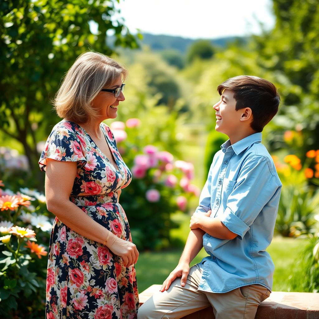 A 50-year-old woman and an 18-year-old boy in a serene, picturesque garden during a casual picnic outing