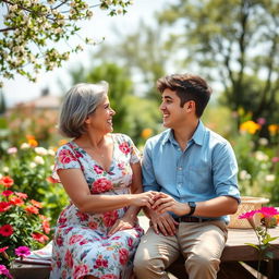 A 50-year-old woman and an 18-year-old boy in a serene, picturesque garden during a casual picnic outing